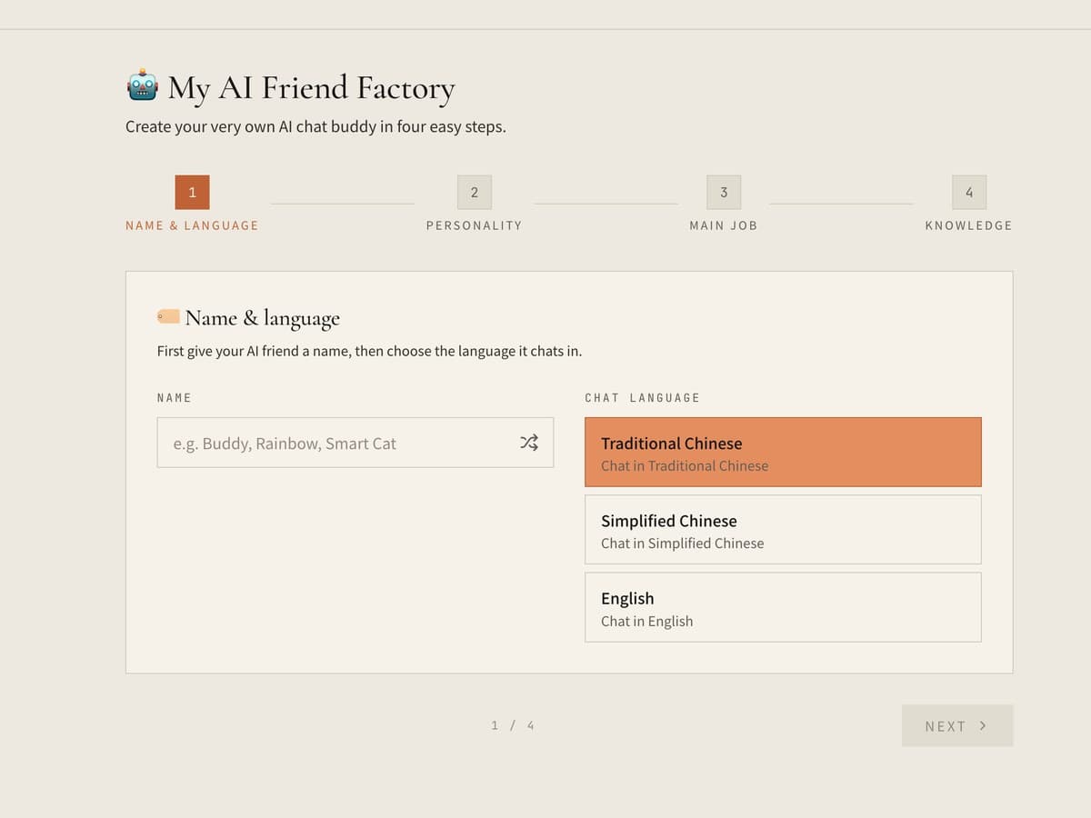 Building an AI friend — name and language first