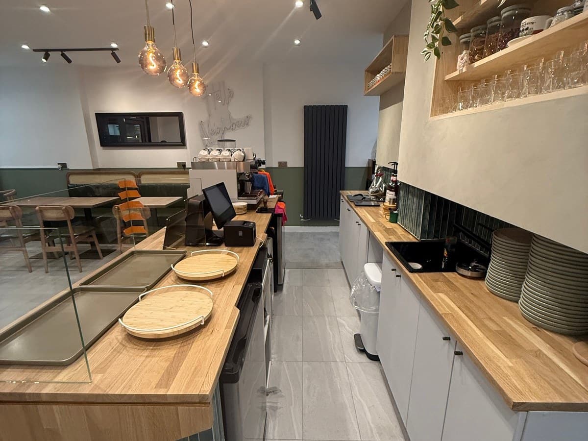 The full length of the counter, looking back to the seating